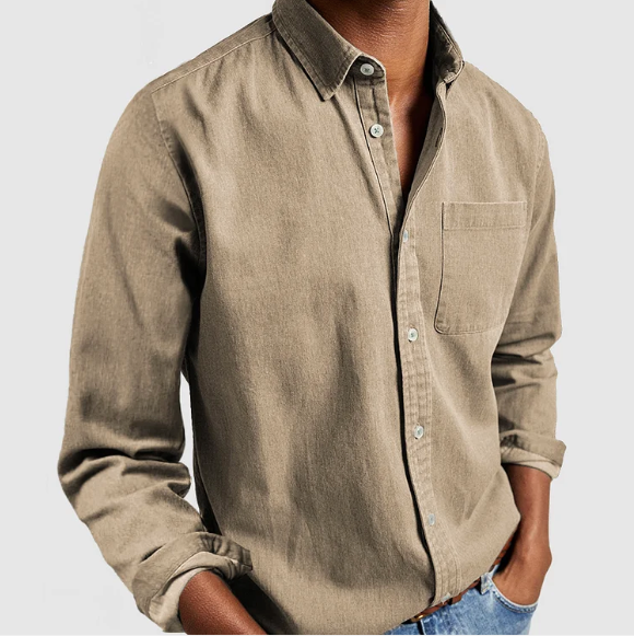 Oliver Casual Denim Button-Down Herre Skjorte i Tidløs Beige 0